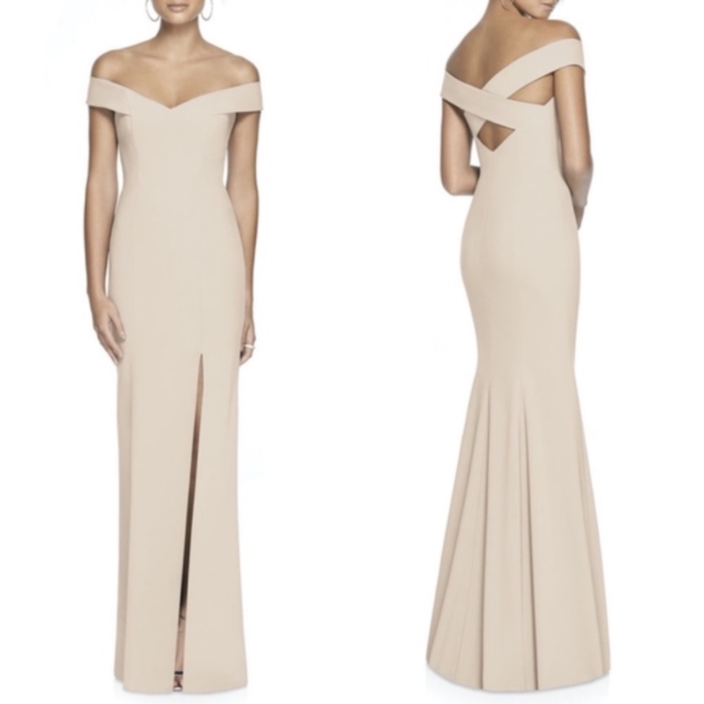 NEW 3012 DESSY COLLECTION Cameo OFF THE SHOULDER Slit COLUMN Crossback GOWN